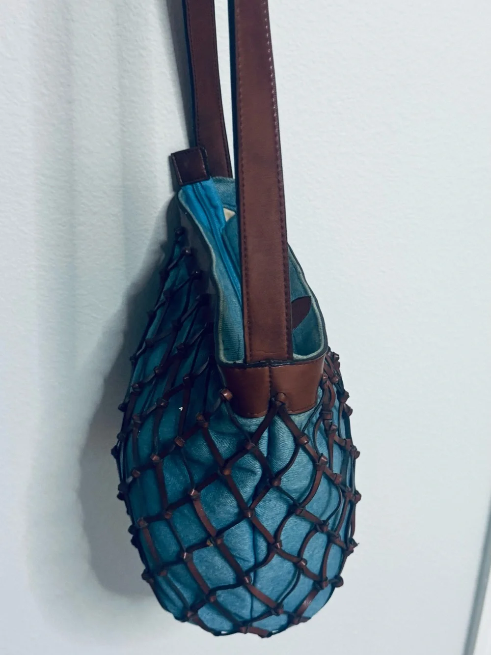 Blue Canvas Crossbody Bag with Brown Lattice Trim